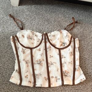 Cream Floral Bustier Top with Brown Trim
